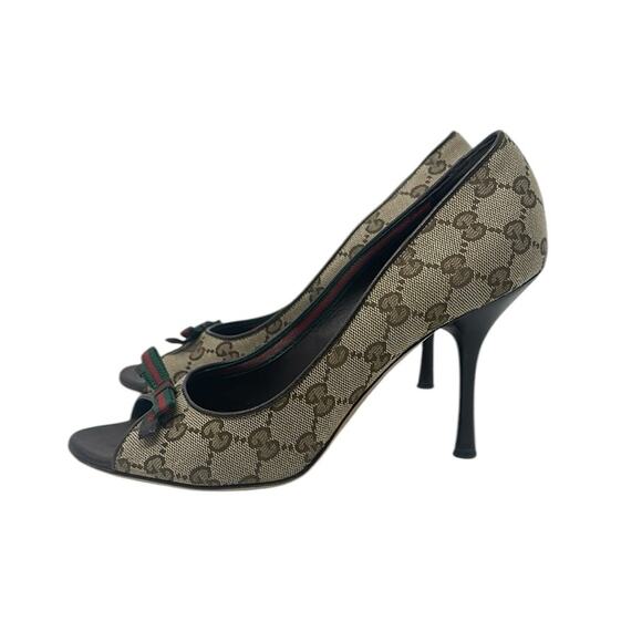 Gucci Monogram Guccissima Supreme Canvas Web Bow Sandals Heels Pumps Size 8.5B - Picture 6 of 10